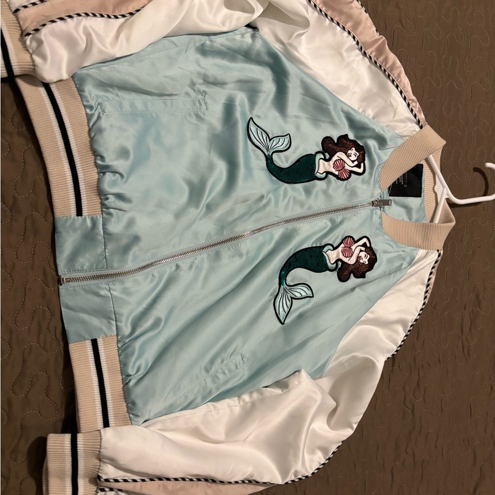 Forever 21 Light Blue Satin Zip-Front Bomber Jacket with Cream Trim